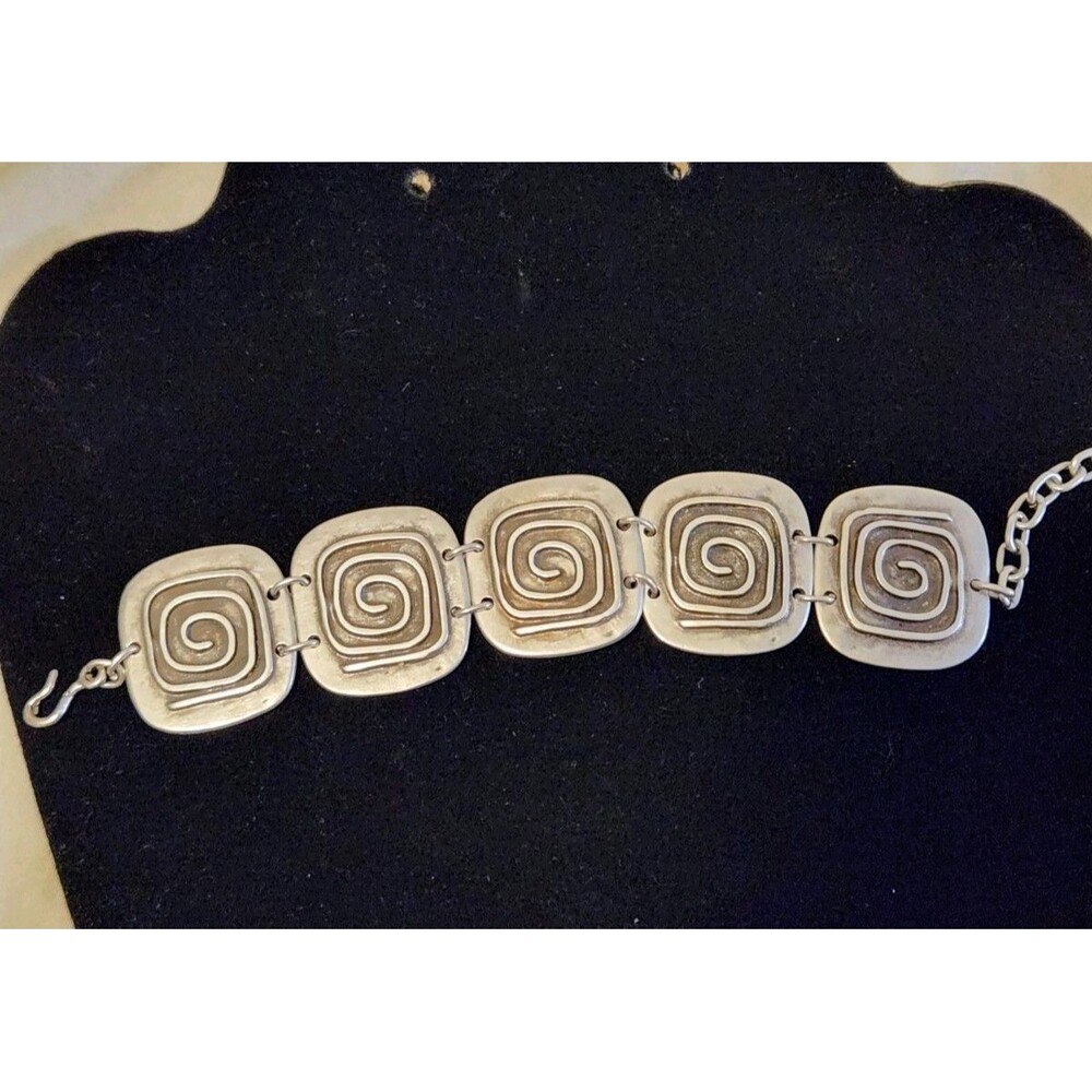 Silver Tone Spiral Panel Bracelet Art Deco Style Link Statement 7”